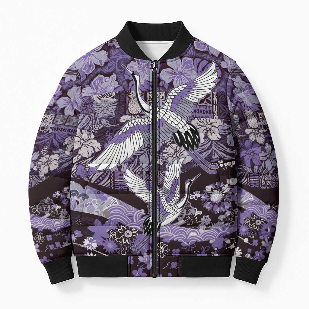 Japanese Hawaiian Crane Bomber Puffer Jacket Purple Tapa Patchwork Pattern