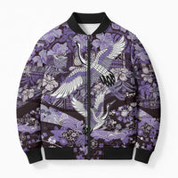Japanese Hawaiian Crane Bomber Puffer Jacket Purple Tapa Patchwork Pattern