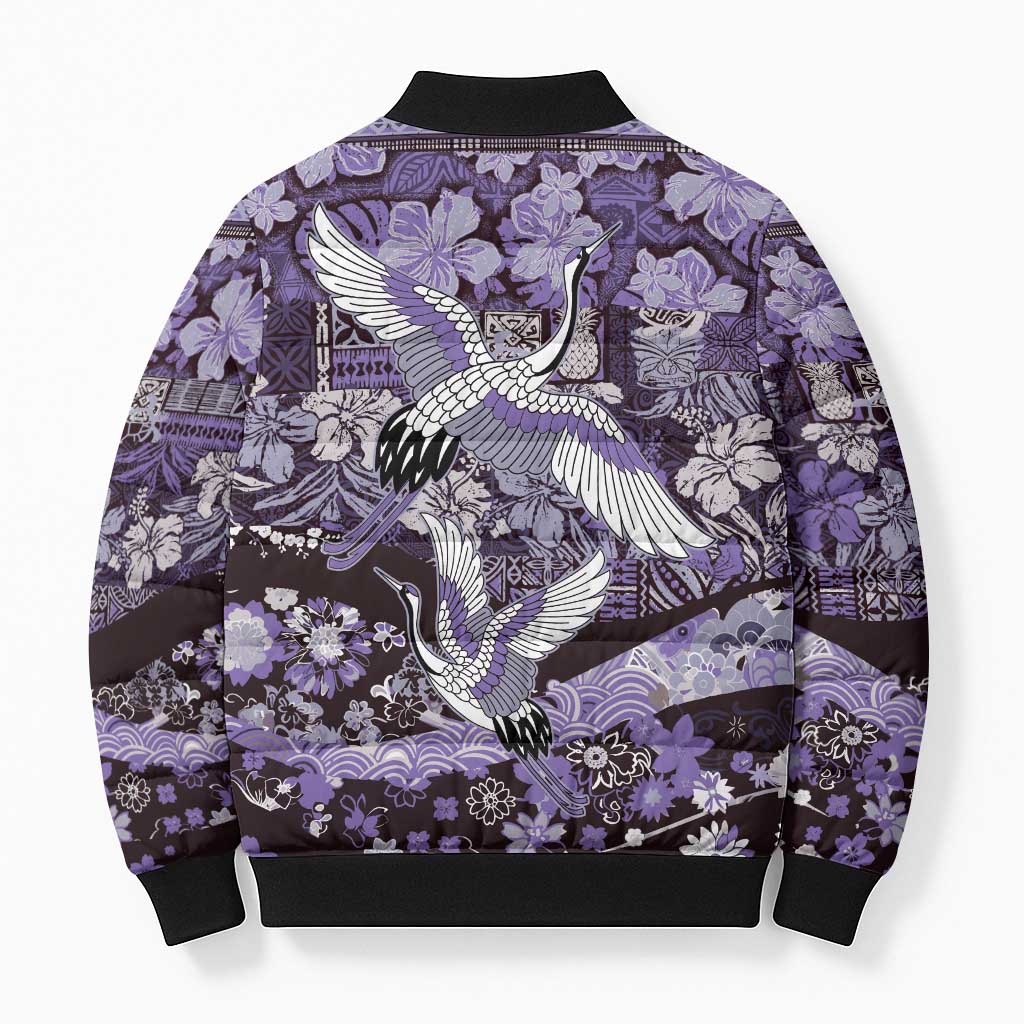 Japanese Hawaiian Crane Bomber Puffer Jacket Purple Tapa Patchwork Pattern