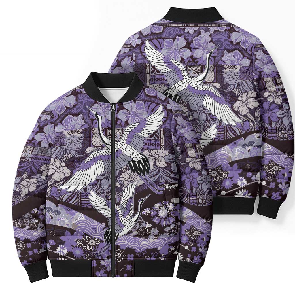 Japanese Hawaiian Crane Bomber Puffer Jacket Purple Tapa Patchwork Pattern