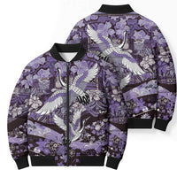 Japanese Hawaiian Crane Bomber Puffer Jacket Purple Tapa Patchwork Pattern