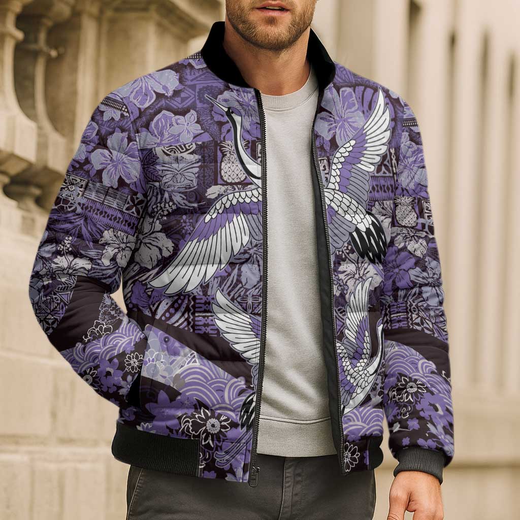 Japanese Hawaiian Crane Bomber Puffer Jacket Purple Tapa Patchwork Pattern