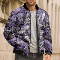 Japanese Hawaiian Crane Bomber Puffer Jacket Purple Tapa Patchwork Pattern