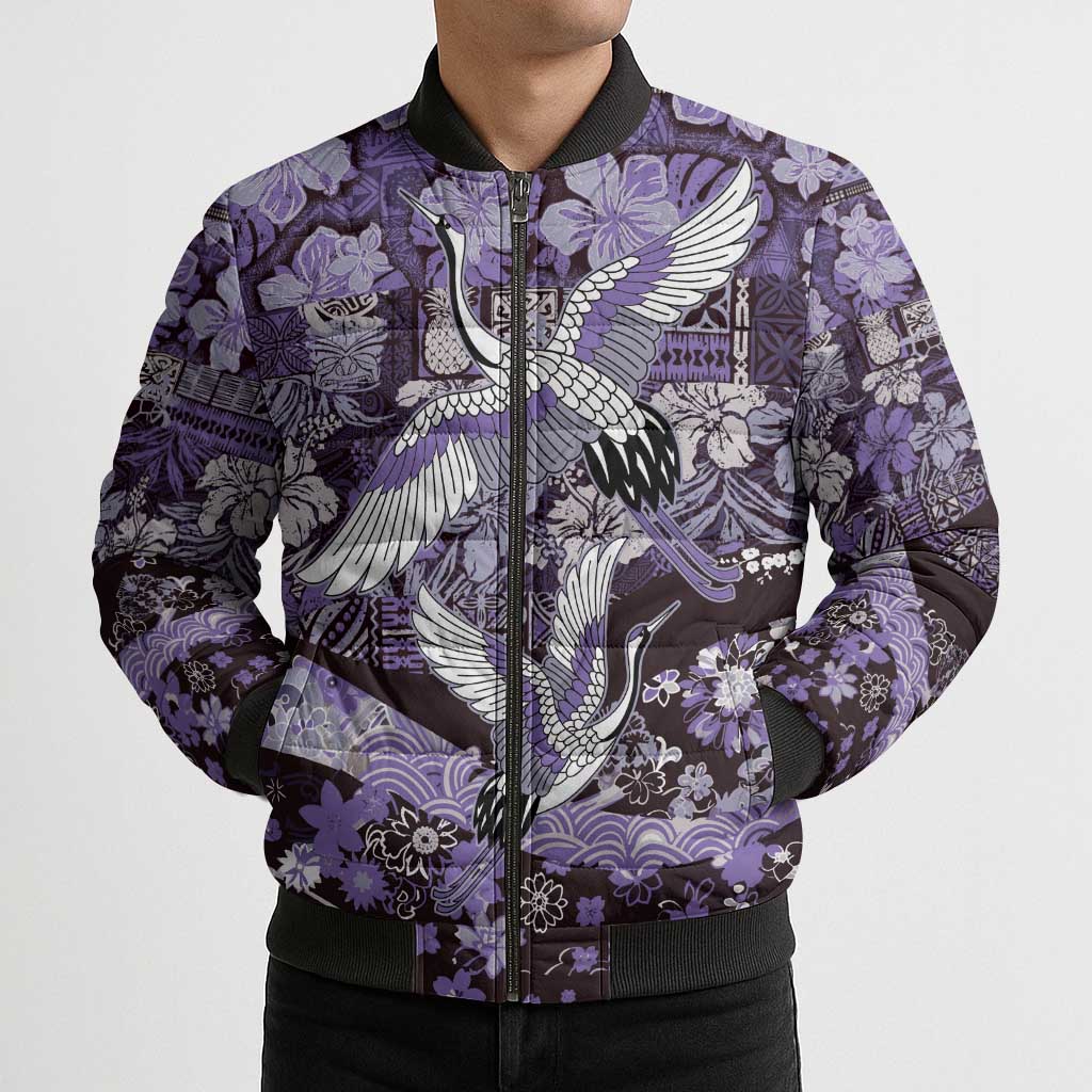 Japanese Hawaiian Crane Bomber Puffer Jacket Purple Tapa Patchwork Pattern
