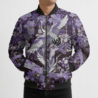 Japanese Hawaiian Crane Bomber Puffer Jacket Purple Tapa Patchwork Pattern