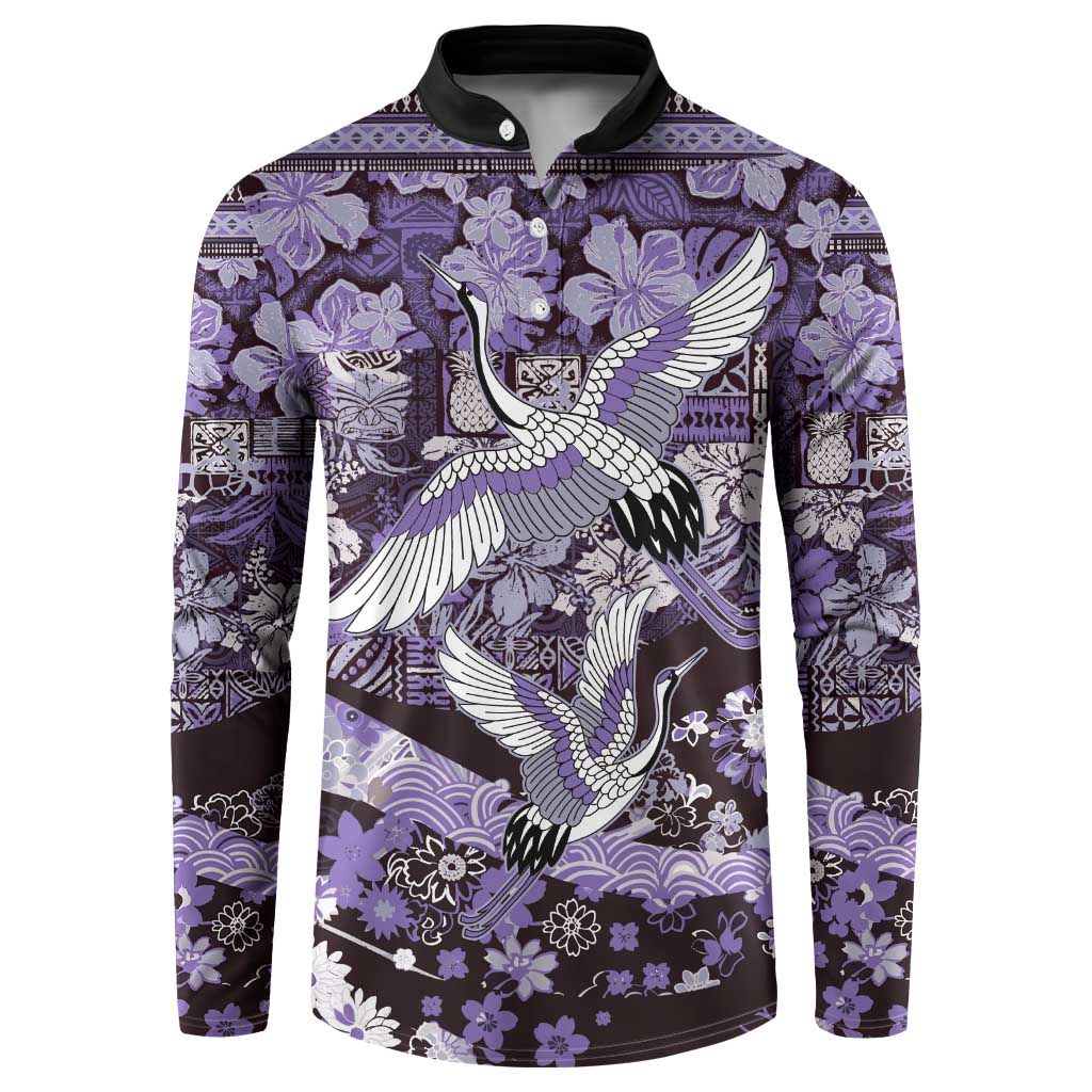 Japanese Hawaiian Crane Button Sweatshirt Purple Tapa Patchwork Pattern