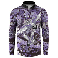 Japanese Hawaiian Crane Button Sweatshirt Purple Tapa Patchwork Pattern