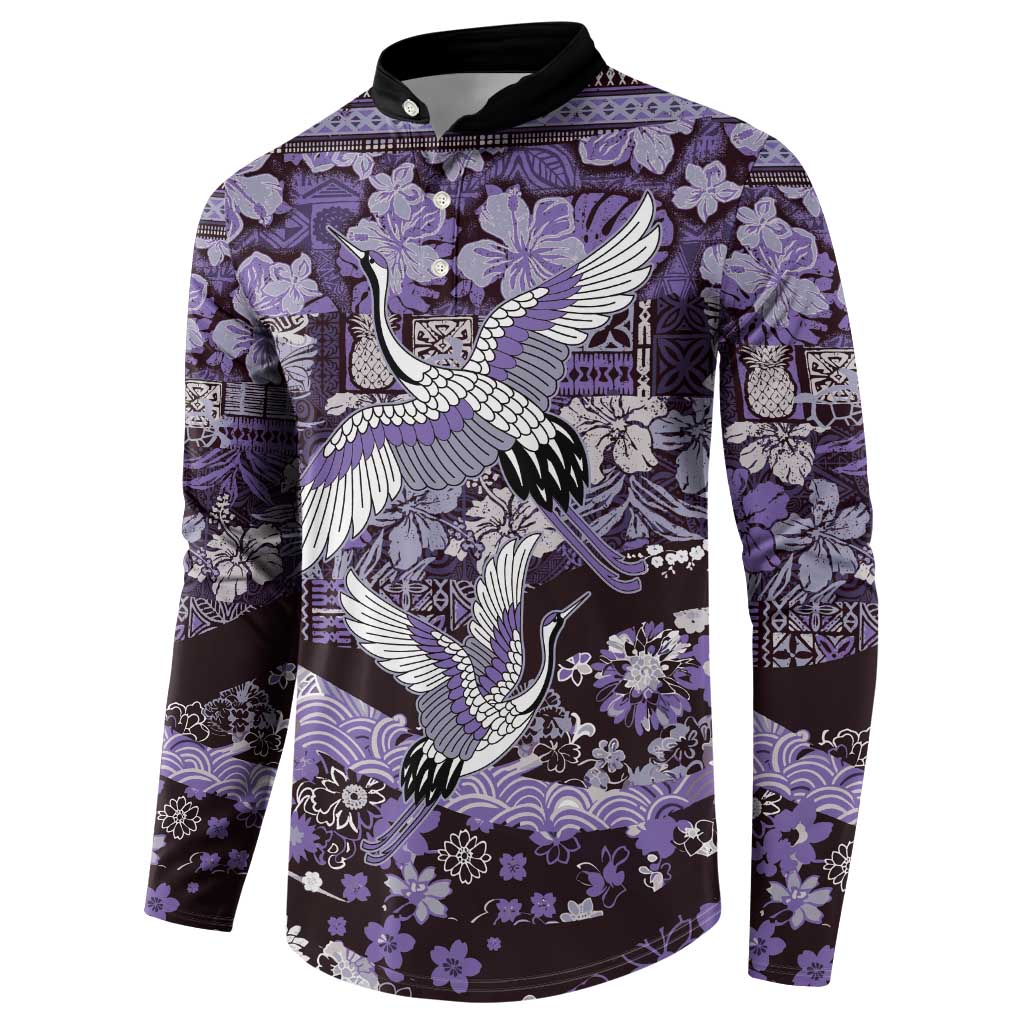 Japanese Hawaiian Crane Button Sweatshirt Purple Tapa Patchwork Pattern