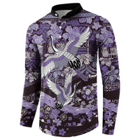 Japanese Hawaiian Crane Button Sweatshirt Purple Tapa Patchwork Pattern