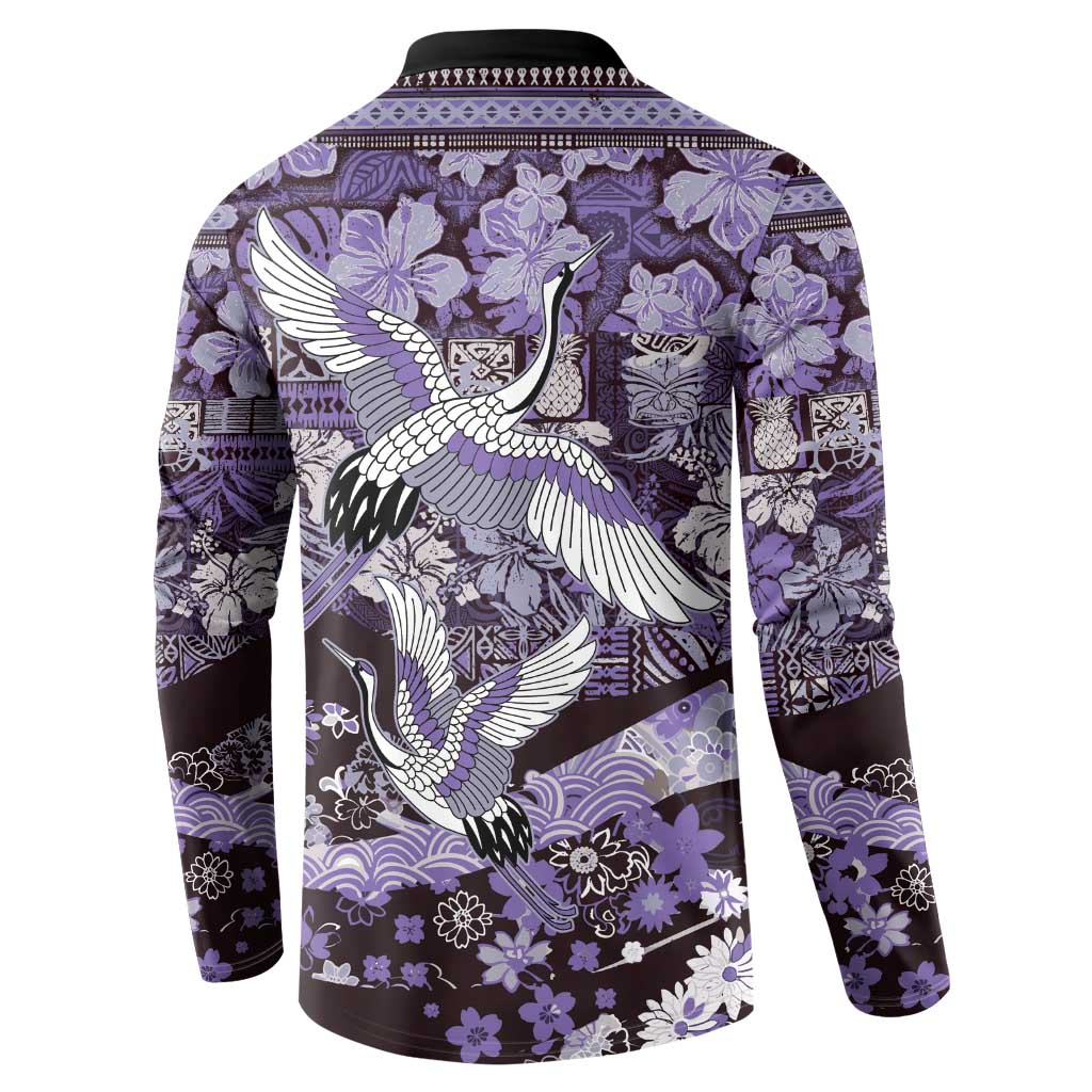 Japanese Hawaiian Crane Button Sweatshirt Purple Tapa Patchwork Pattern