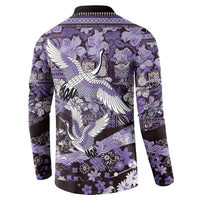 Japanese Hawaiian Crane Button Sweatshirt Purple Tapa Patchwork Pattern