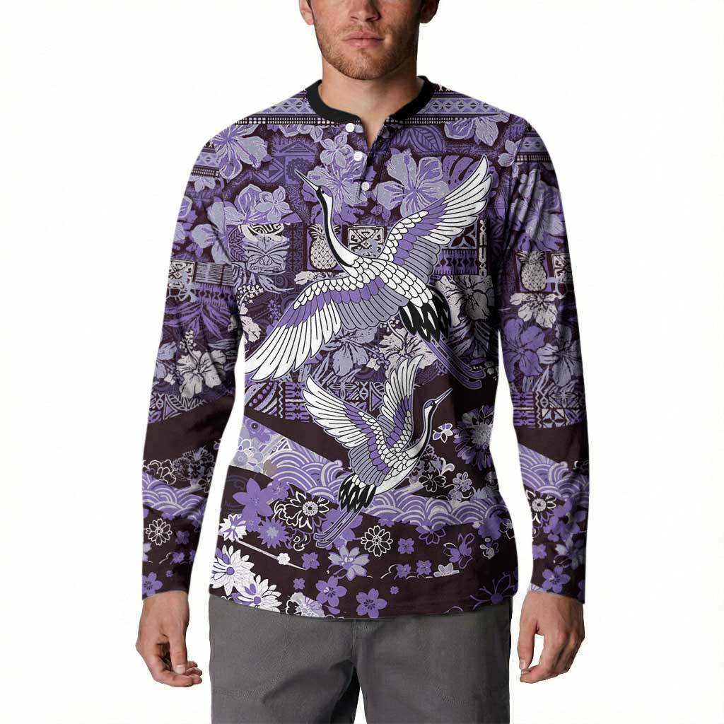Japanese Hawaiian Crane Button Sweatshirt Purple Tapa Patchwork Pattern