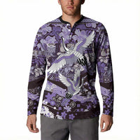 Japanese Hawaiian Crane Button Sweatshirt Purple Tapa Patchwork Pattern