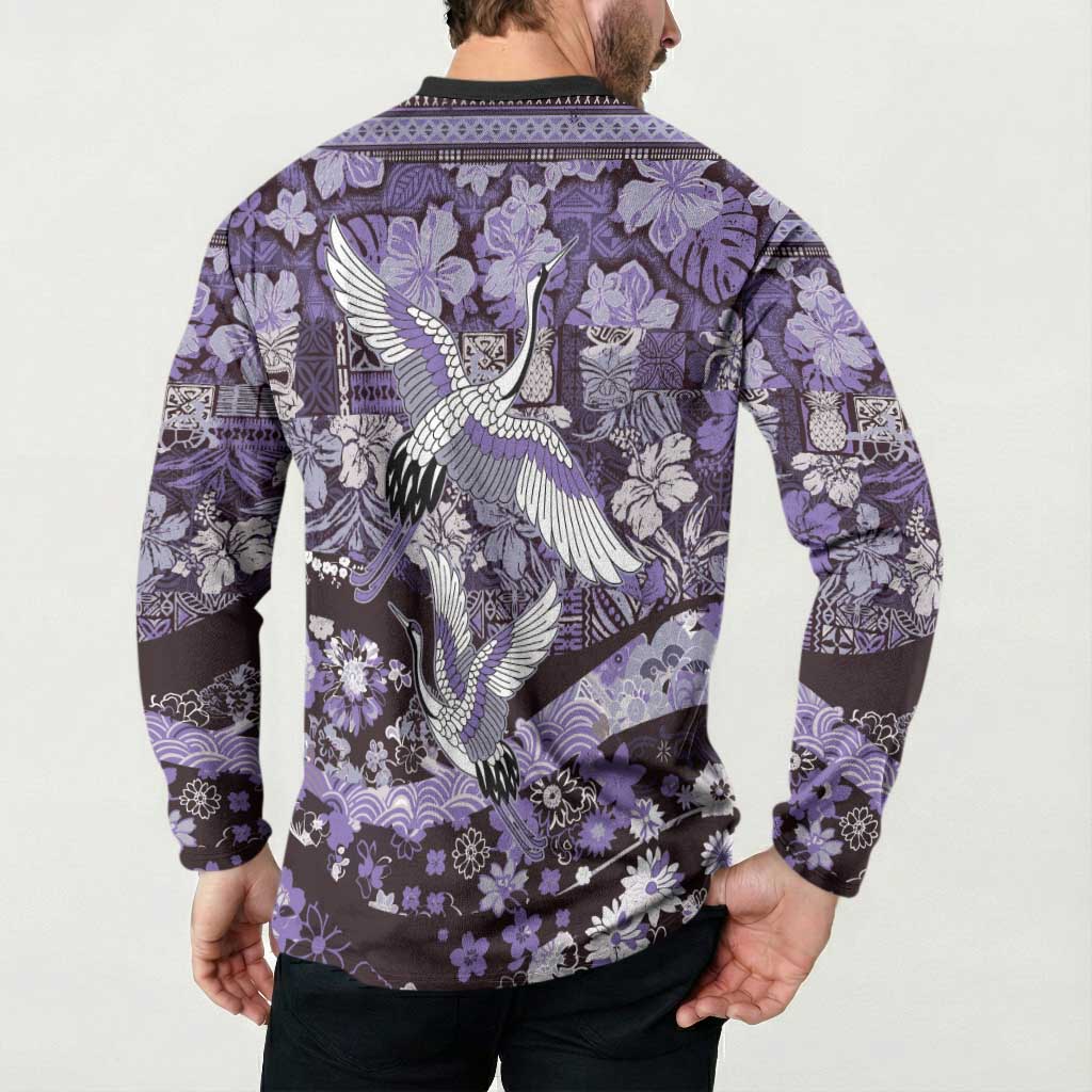 Japanese Hawaiian Crane Button Sweatshirt Purple Tapa Patchwork Pattern