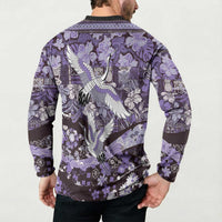 Japanese Hawaiian Crane Button Sweatshirt Purple Tapa Patchwork Pattern
