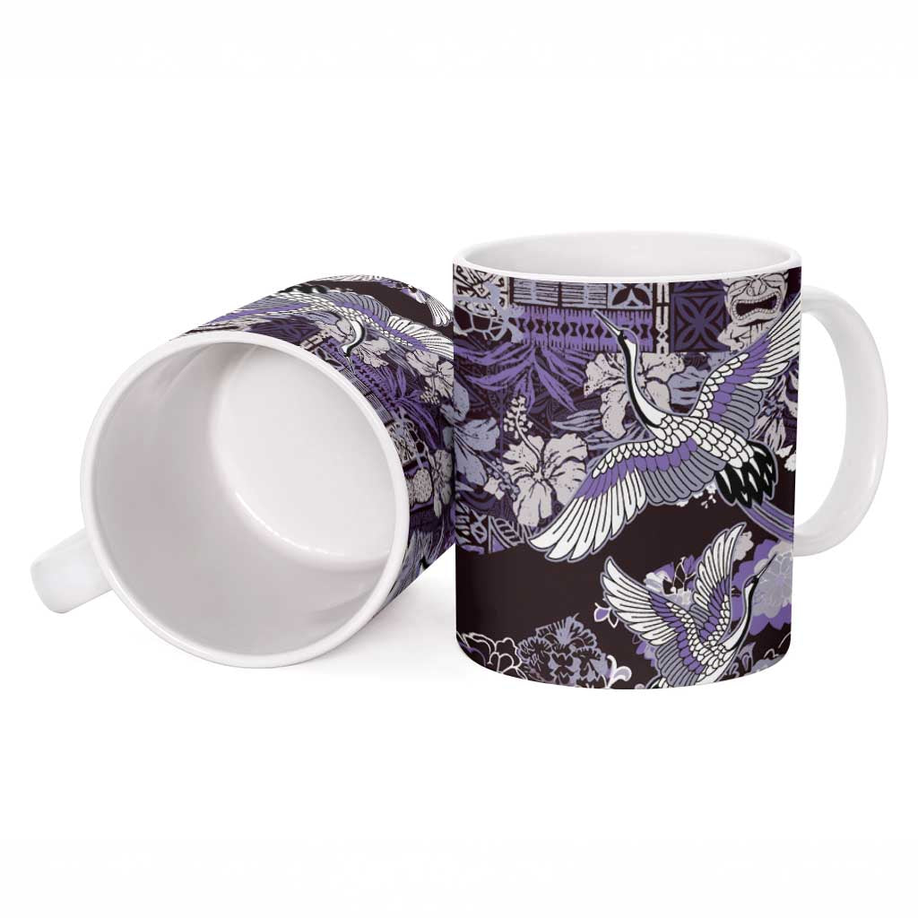 Japanese Hawaiian Crane Ceramic Mug Purple Tapa Patchwork Pattern