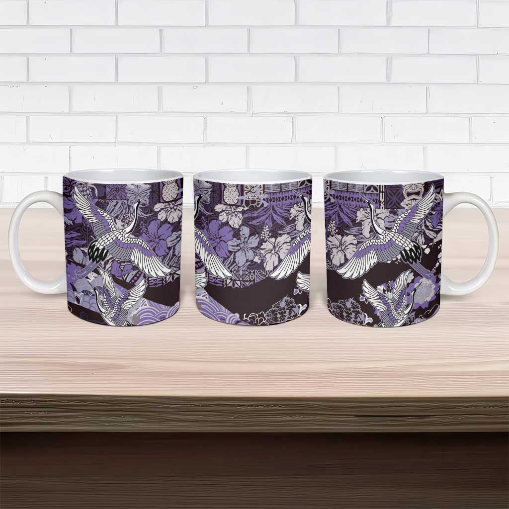 Japanese Hawaiian Crane Ceramic Mug Purple Tapa Patchwork Pattern