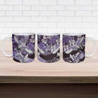 Japanese Hawaiian Crane Ceramic Mug Purple Tapa Patchwork Pattern