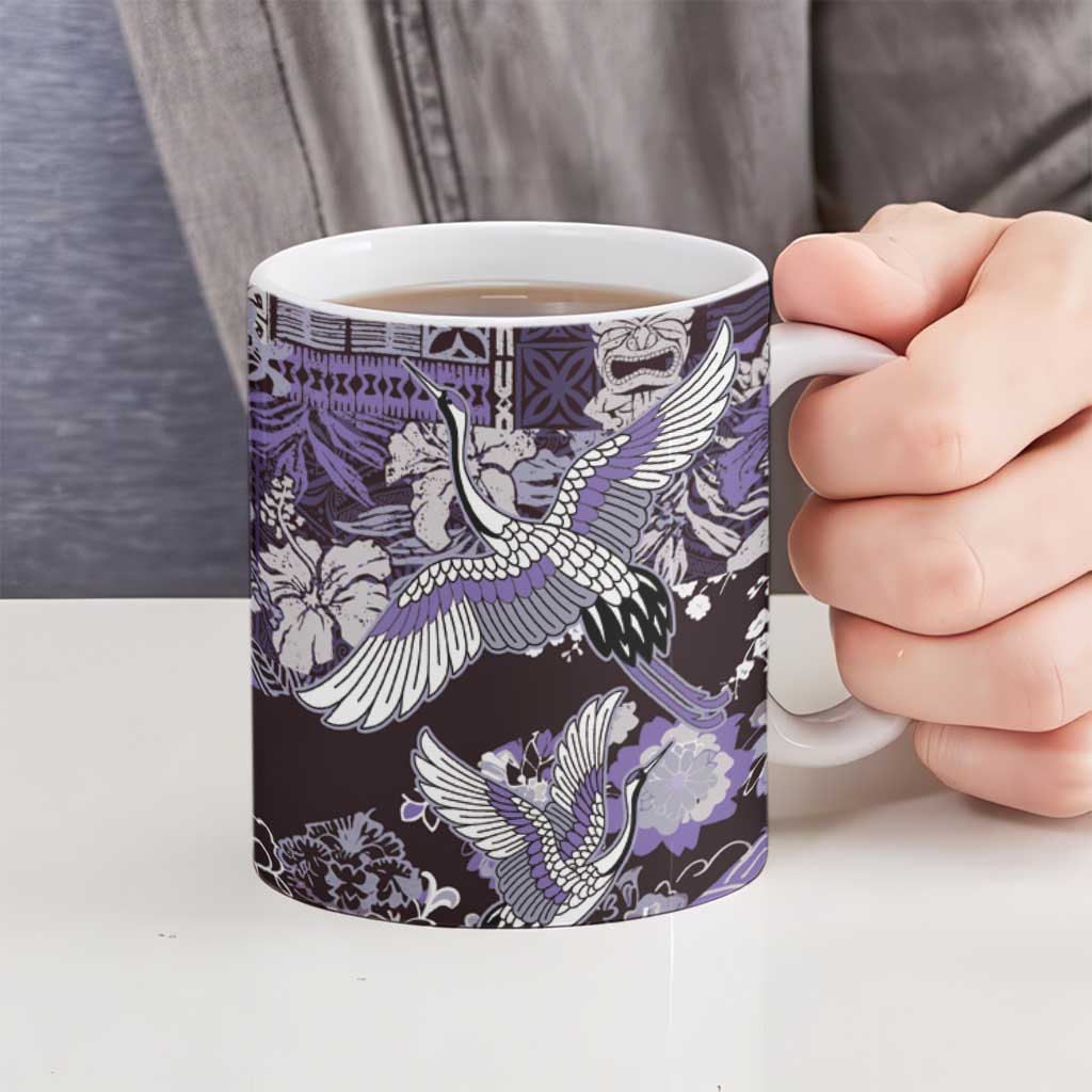 Japanese Hawaiian Crane Ceramic Mug Purple Tapa Patchwork Pattern