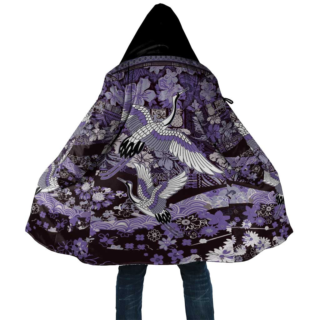 Japanese Hawaiian Crane Cloak Purple Tapa Patchwork Pattern