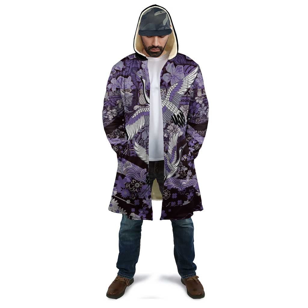 Japanese Hawaiian Crane Cloak Purple Tapa Patchwork Pattern
