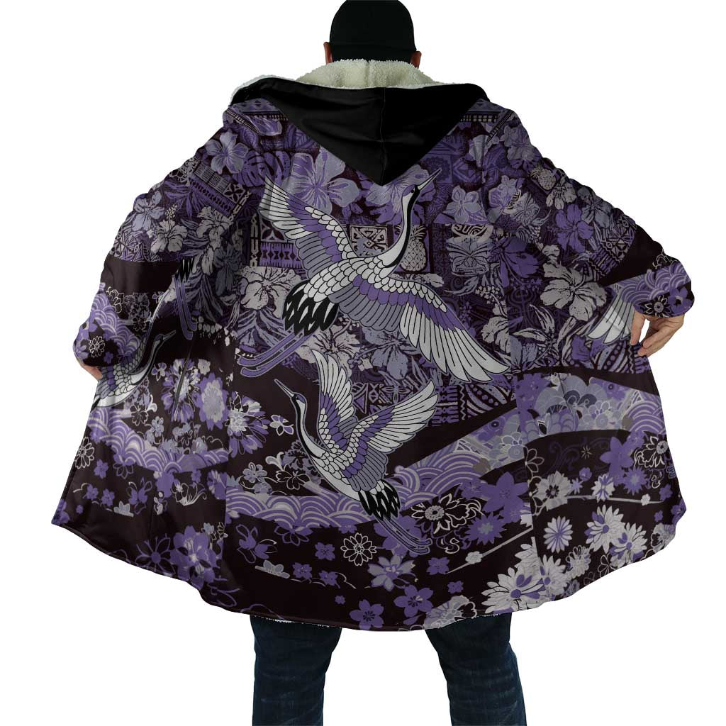 Japanese Hawaiian Crane Cloak Purple Tapa Patchwork Pattern