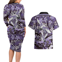 Japanese Hawaiian Crane Couples Matching Long Sleeve Bodycon Dress and Hawaiian Shirt Purple Tapa Patchwork Pattern