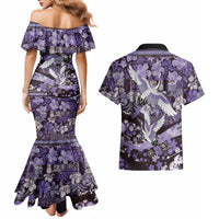 Japanese Hawaiian Crane Couples Matching Mermaid Dress and Hawaiian Shirt Purple Tapa Patchwork Pattern