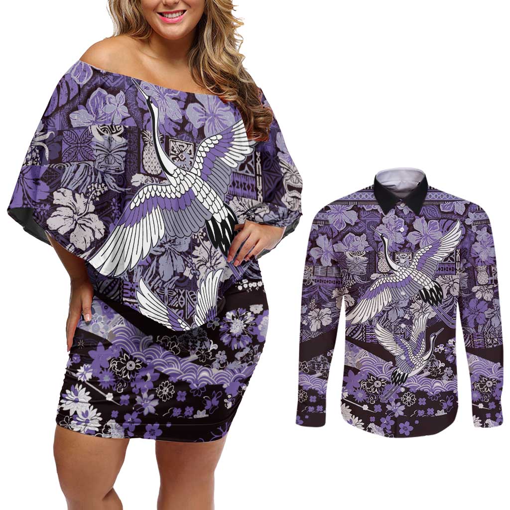 Japanese Hawaiian Crane Couples Matching Off Shoulder Short Dress and Long Sleeve Button Shirt Purple Tapa Patchwork Pattern LT9 Purple - Polynesian Pride