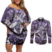 Japanese Hawaiian Crane Couples Matching Off Shoulder Short Dress and Long Sleeve Button Shirt Purple Tapa Patchwork Pattern LT9 Purple - Polynesian Pride