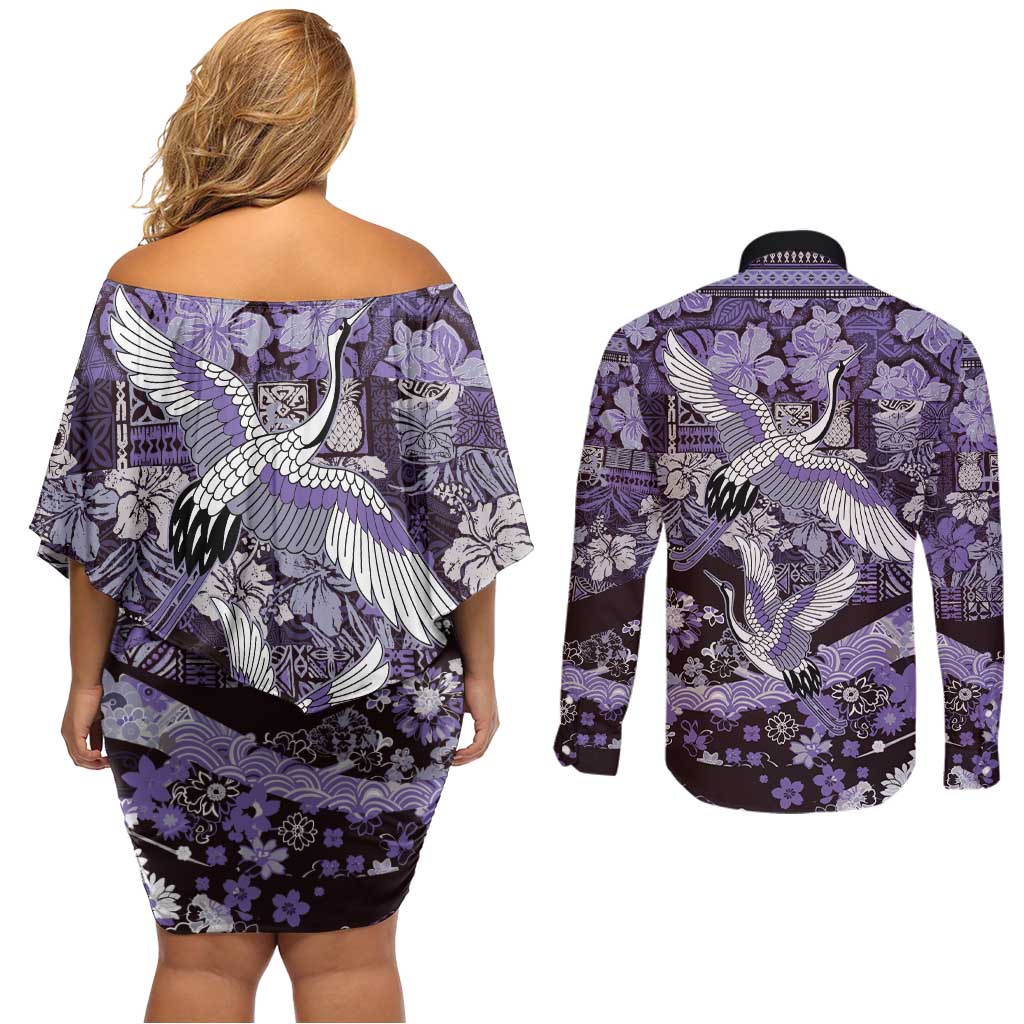 Japanese Hawaiian Crane Couples Matching Off Shoulder Short Dress and Long Sleeve Button Shirt Purple Tapa Patchwork Pattern LT9 - Polynesian Pride