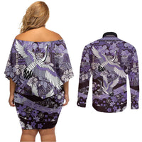 Japanese Hawaiian Crane Couples Matching Off Shoulder Short Dress and Long Sleeve Button Shirt Purple Tapa Patchwork Pattern LT9 - Polynesian Pride