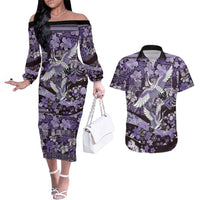 Japanese Hawaiian Crane Couples Matching Off The Shoulder Long Sleeve Dress and Hawaiian Shirt Purple Tapa Patchwork Pattern LT9 Purple - Polynesian Pride