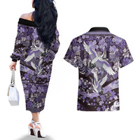 Japanese Hawaiian Crane Couples Matching Off The Shoulder Long Sleeve Dress and Hawaiian Shirt Purple Tapa Patchwork Pattern LT9 - Polynesian Pride
