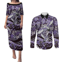 Japanese Hawaiian Crane Couples Matching Puletasi and Long Sleeve Button Shirt Purple Tapa Patchwork Pattern