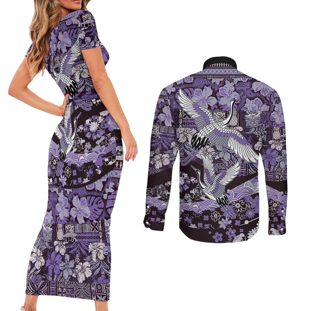 Japanese Hawaiian Crane Couples Matching Short Sleeve Bodycon Dress and Long Sleeve Button Shirt Purple Tapa Patchwork Pattern