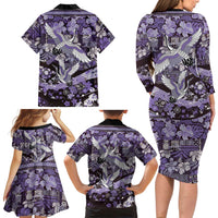 Japanese Hawaiian Crane Family Matching Long Sleeve Bodycon Dress and Hawaiian Shirt Purple Tapa Patchwork Pattern LT9 - Polynesian Pride