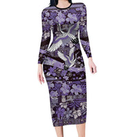 Japanese Hawaiian Crane Family Matching Long Sleeve Bodycon Dress and Hawaiian Shirt Purple Tapa Patchwork Pattern LT9 Mom's Dress Purple - Polynesian Pride