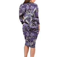 Japanese Hawaiian Crane Family Matching Long Sleeve Bodycon Dress and Hawaiian Shirt Purple Tapa Patchwork Pattern LT9 - Polynesian Pride