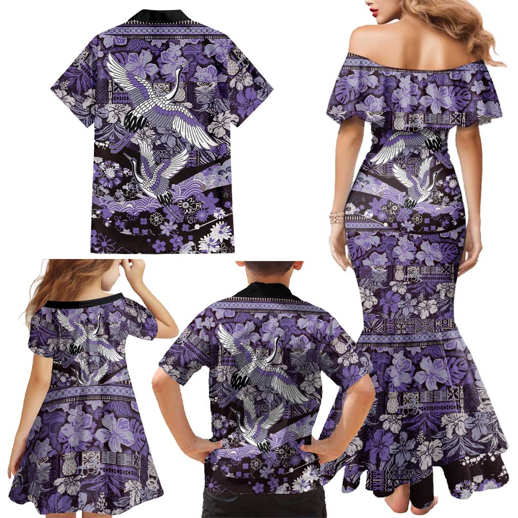 Japanese Hawaiian Crane Family Matching Mermaid Dress and Hawaiian Shirt Purple Tapa Patchwork Pattern LT9 - Polynesian Pride