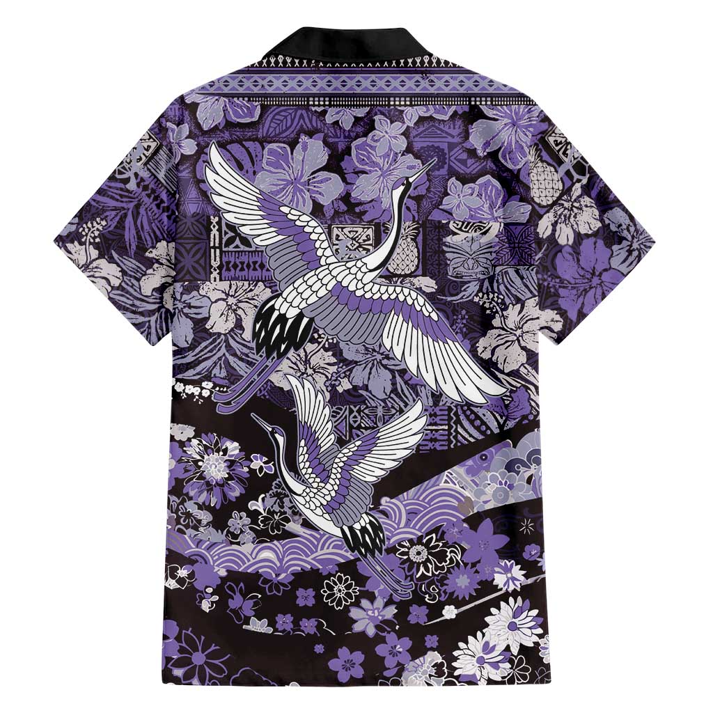 Japanese Hawaiian Crane Family Matching Mermaid Dress and Hawaiian Shirt Purple Tapa Patchwork Pattern LT9 - Polynesian Pride