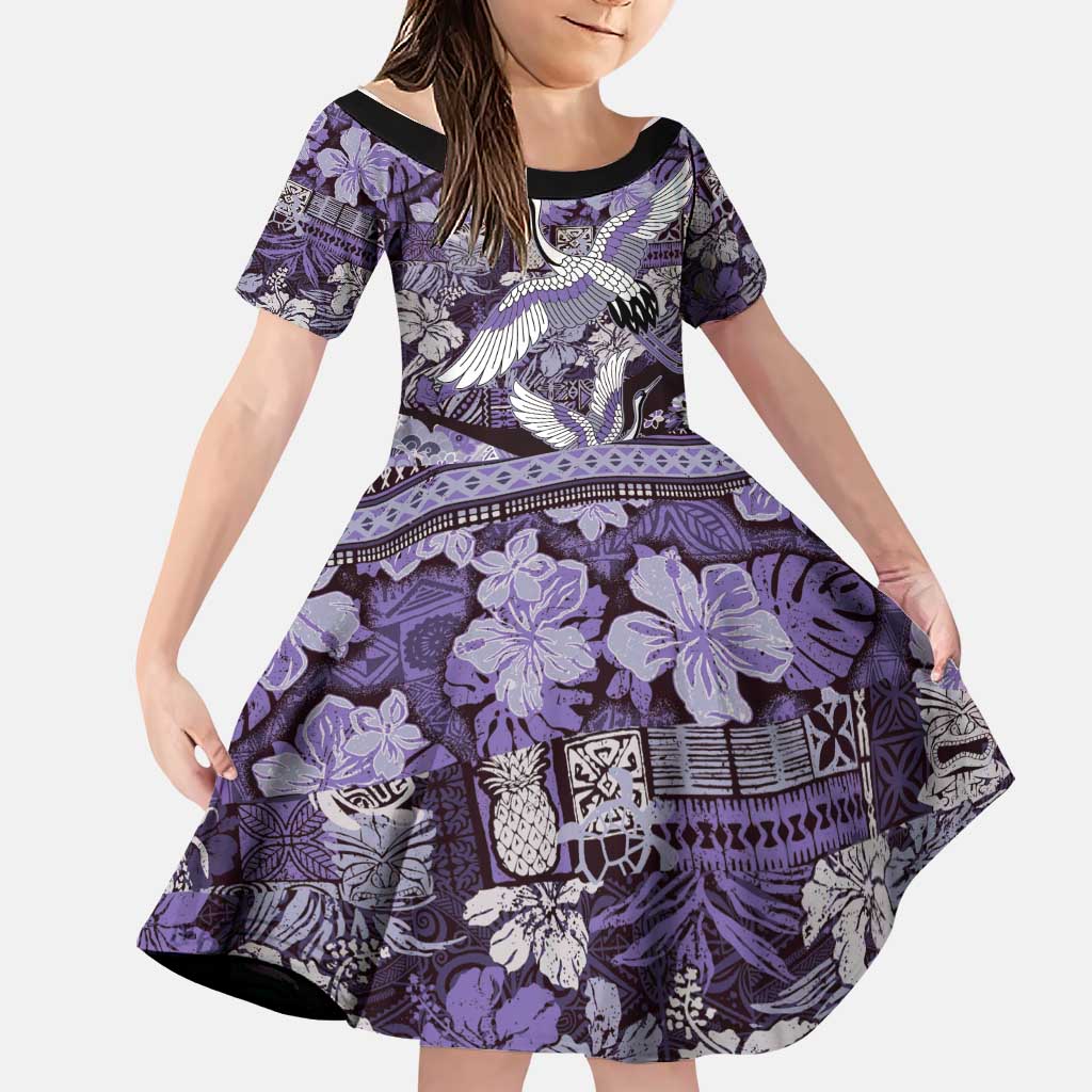 Japanese Hawaiian Crane Family Matching Off Shoulder Maxi Dress and Hawaiian Shirt Purple Tapa Patchwork Pattern LT9 Daughter's Dress Purple - Polynesian Pride
