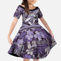 Japanese Hawaiian Crane Family Matching Off Shoulder Maxi Dress and Hawaiian Shirt Purple Tapa Patchwork Pattern LT9 Daughter's Dress Purple - Polynesian Pride