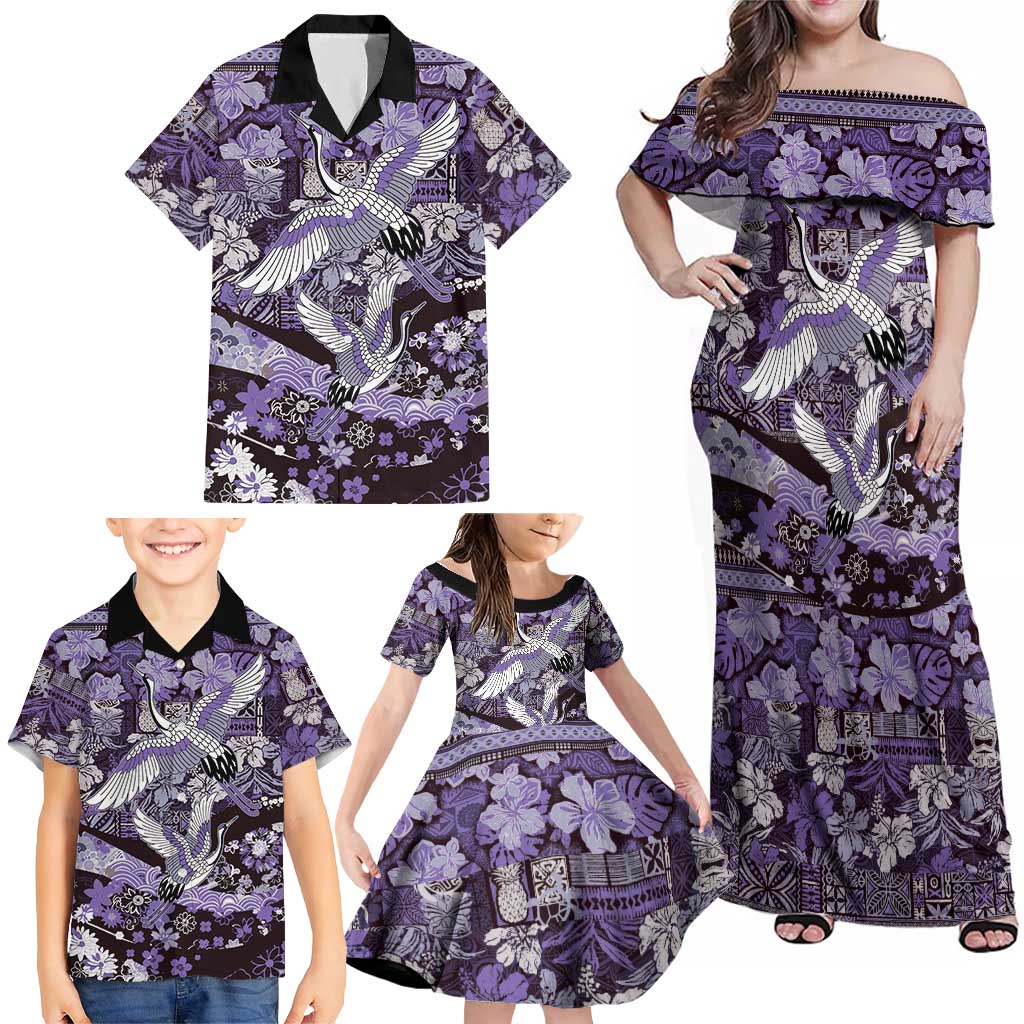 Japanese Hawaiian Crane Family Matching Off Shoulder Maxi Dress and Hawaiian Shirt Purple Tapa Patchwork Pattern