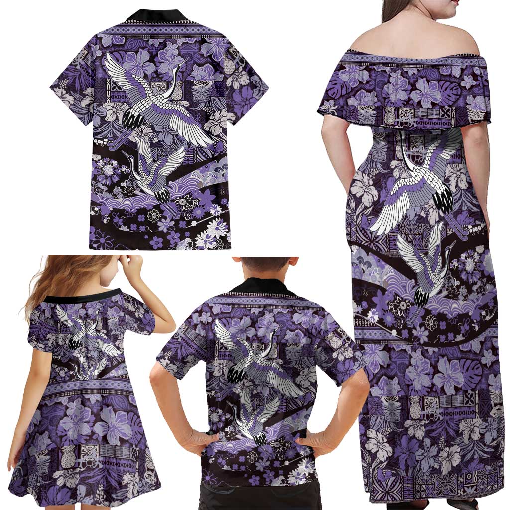 Japanese Hawaiian Crane Family Matching Off Shoulder Maxi Dress and Hawaiian Shirt Purple Tapa Patchwork Pattern LT9 - Polynesian Pride