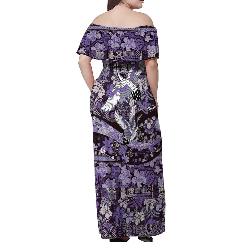 Japanese Hawaiian Crane Family Matching Off Shoulder Maxi Dress and Hawaiian Shirt Purple Tapa Patchwork Pattern LT9 - Polynesian Pride