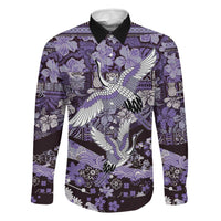 Japanese Hawaiian Crane Family Matching Off Shoulder Short Dress and Hawaiian Shirt Purple Tapa Patchwork Pattern LT9 Dad's Shirt - Long Sleeve Purple - Polynesian Pride