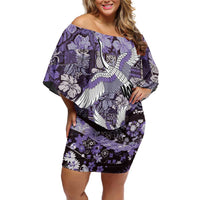 Japanese Hawaiian Crane Family Matching Off Shoulder Short Dress and Hawaiian Shirt Purple Tapa Patchwork Pattern LT9 Mom's Dress Purple - Polynesian Pride