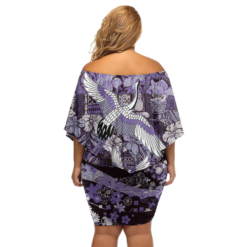 Japanese Hawaiian Crane Family Matching Off Shoulder Short Dress and Hawaiian Shirt Purple Tapa Patchwork Pattern LT9 - Polynesian Pride