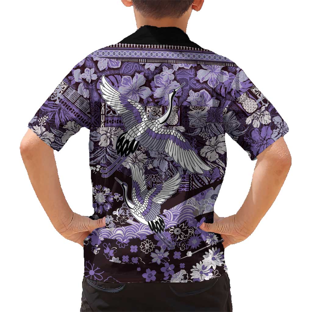 Japanese Hawaiian Crane Family Matching Puletasi and Hawaiian Shirt Purple Tapa Patchwork Pattern